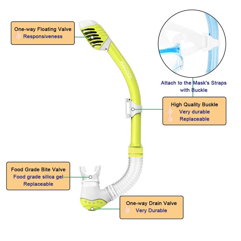 WACOOL Snorkeling Snorkel Diving Scuba Package Set Gear for Kids Youth Junior Anti-Fog Coated Glass with Silicon Mouth Piece Purge Valve and Anti-Splash (Yellow) - Image 5